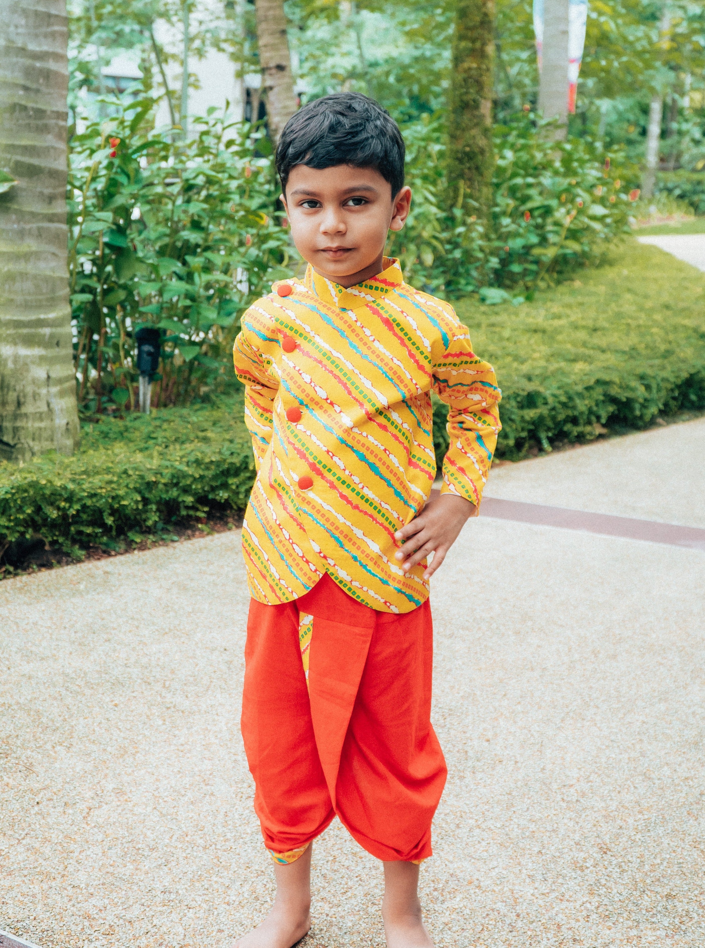 Jodhpuri Leheriya Jacket with Dhoti Pants in Yellow & Red - Nimbu Kids