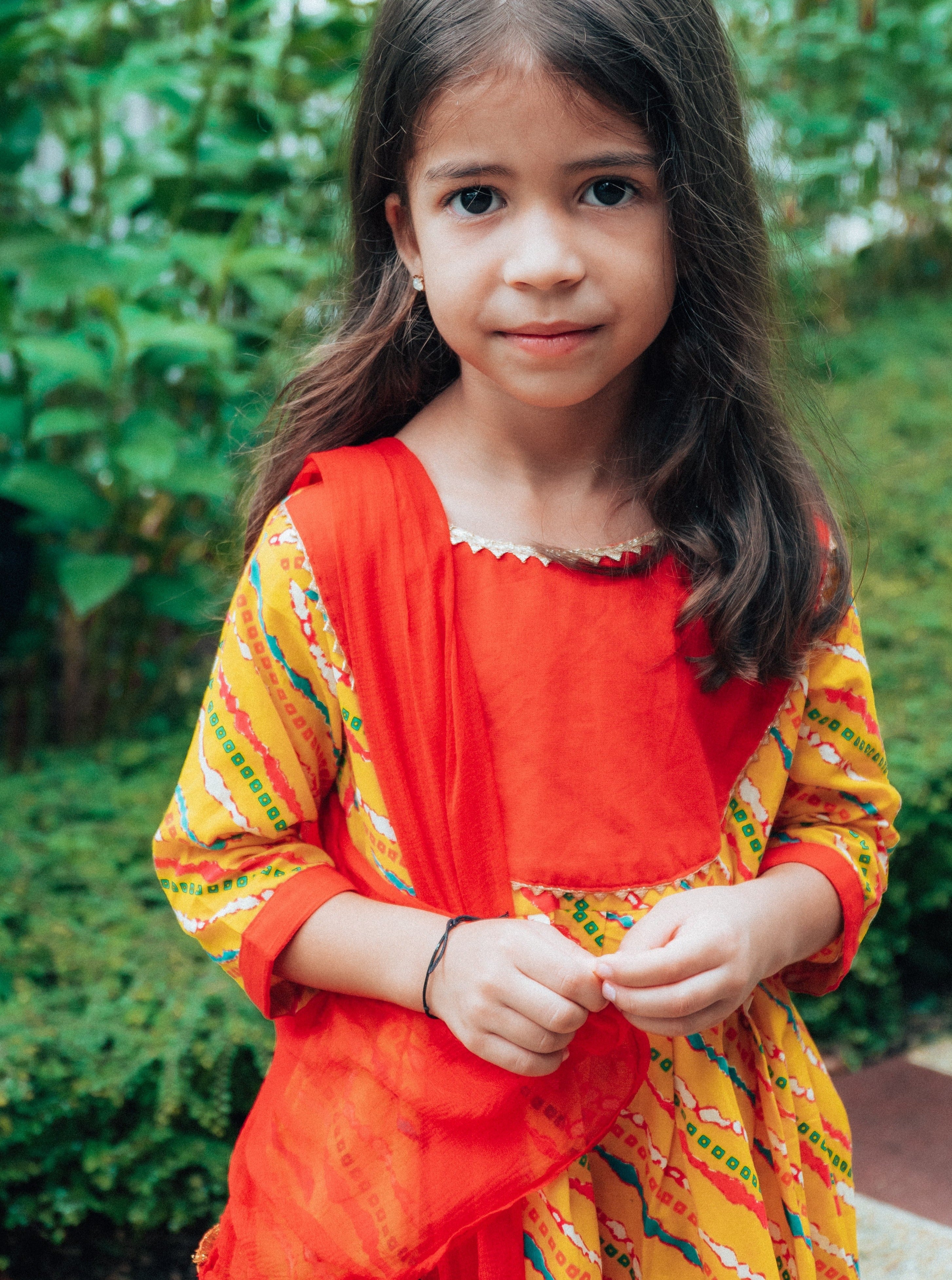 Jodhpuri Leheriya Kurti with Dhoti Pants in Yellow & Red - Nimbu Kids
