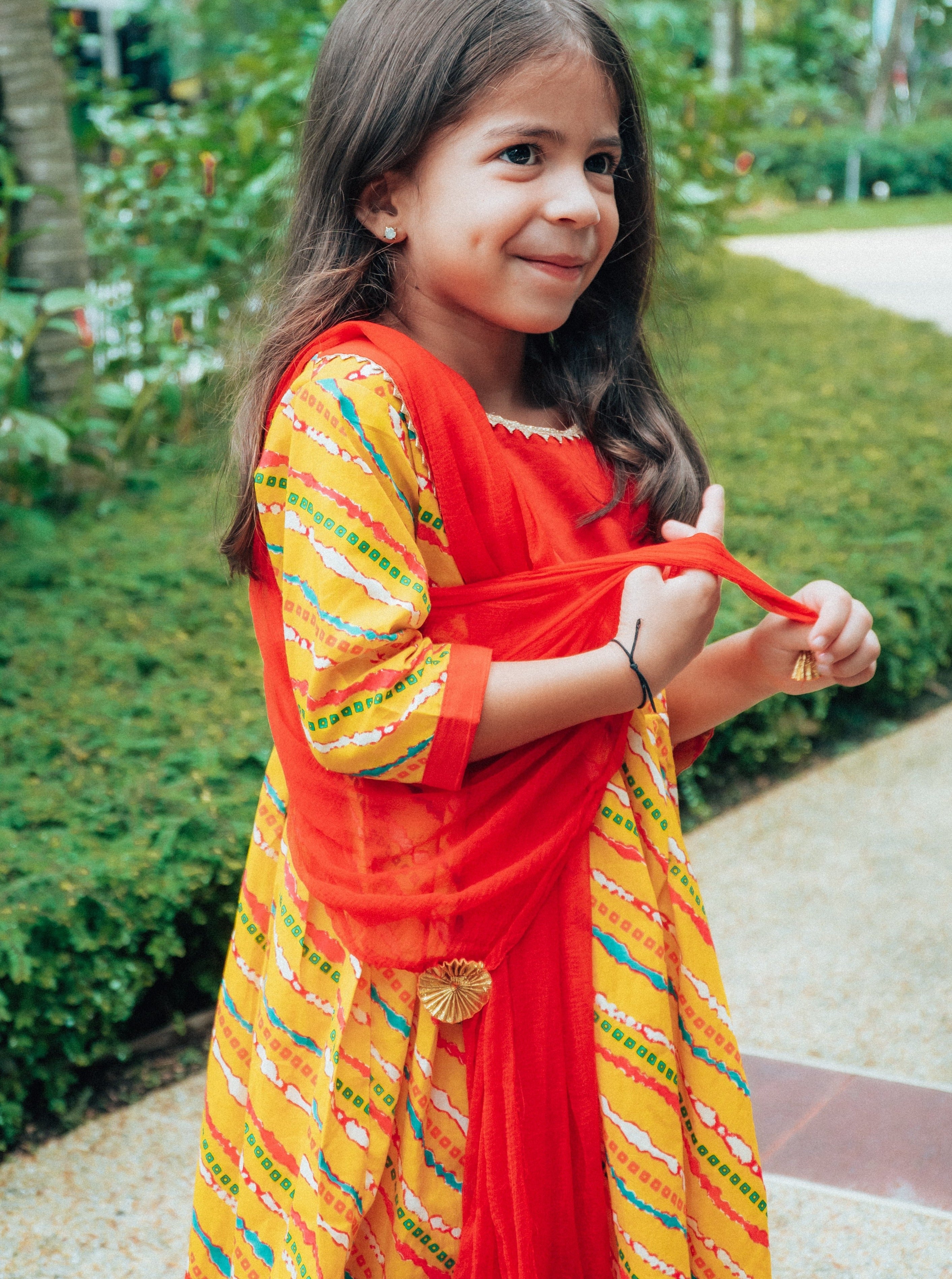 Jodhpuri Leheriya Kurti with Dhoti Pants in Yellow & Red - Nimbu Kids