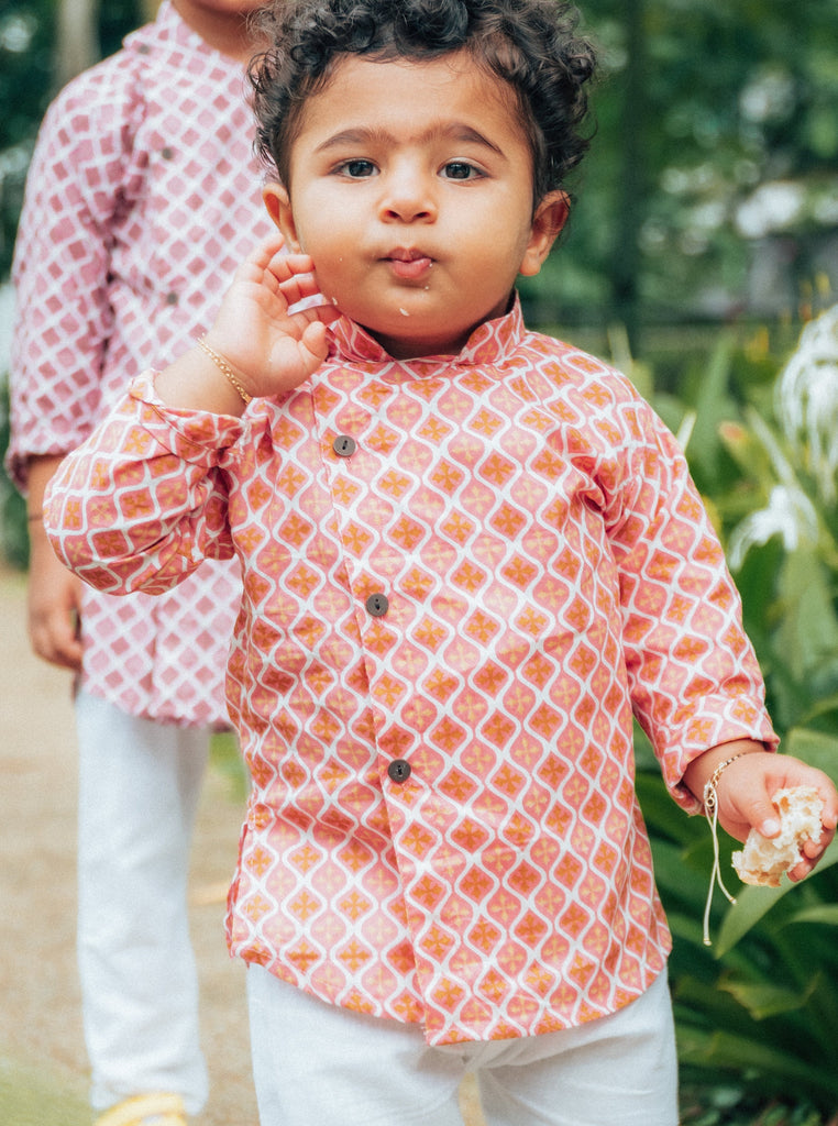 Peach Coral Kurta Pajama with side buttons - Nimbu Kids
