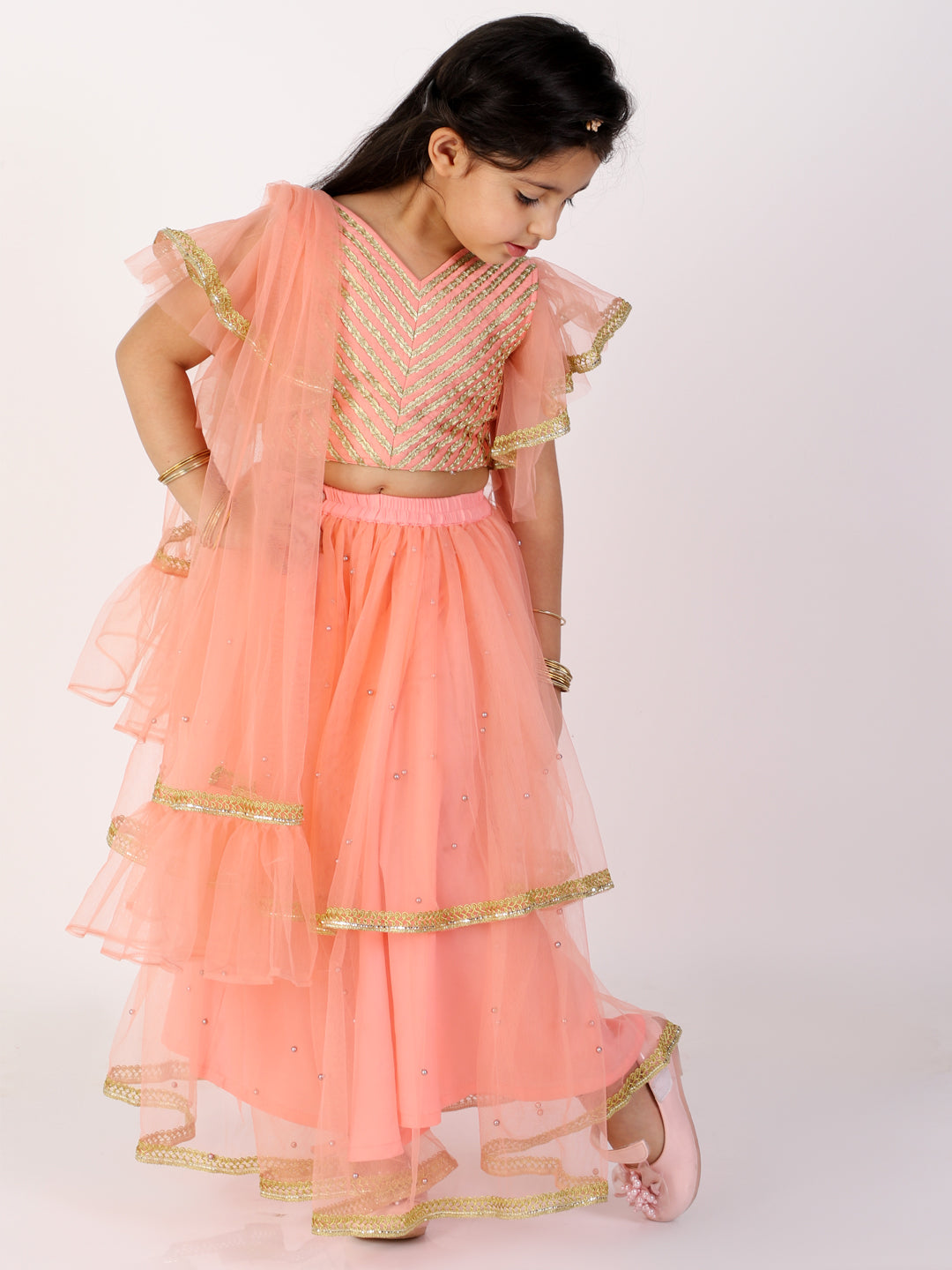 Anna Coral Pink Net Lehenga Choli - Nimbu Kids