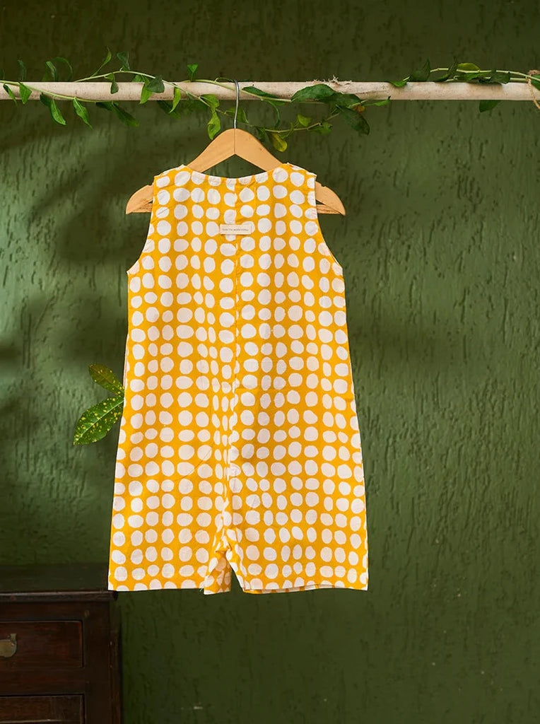 Pre-order - ‘Innocence' Unisex Jumpsuit in Yellow Polka Hand Block Print Cotton - Nimbu Kids