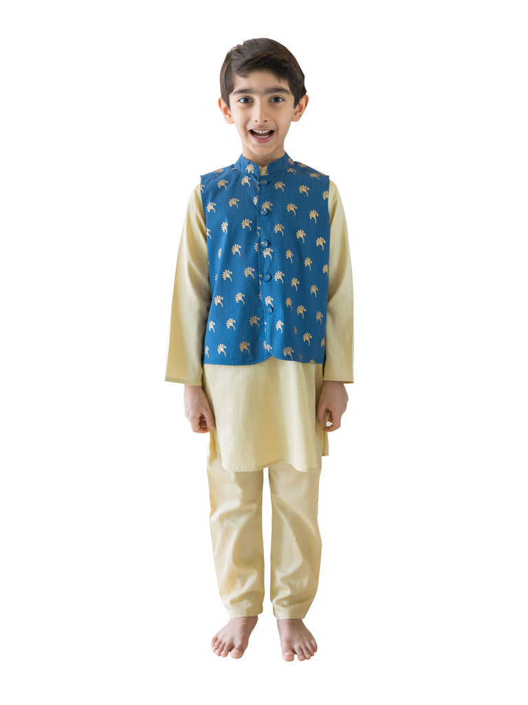 Blue & Gold Jacket Set in Gold Foil Print - Nimbu Kids for Festive Season, Hari Raya, Weekend Party, Deepavali, Rakhi