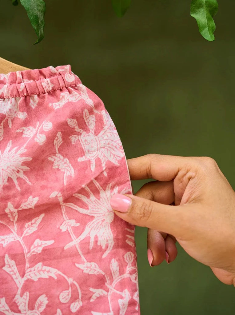 Pre-order - ‘Scent of flowers’ girls coord set in pink floral hand block print cotton - Nimbu Kids