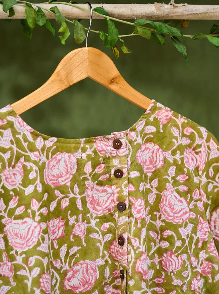 Pre-order - 'Swing’ Women’s dress in green floral hand block print cotton - Nimbu Kids