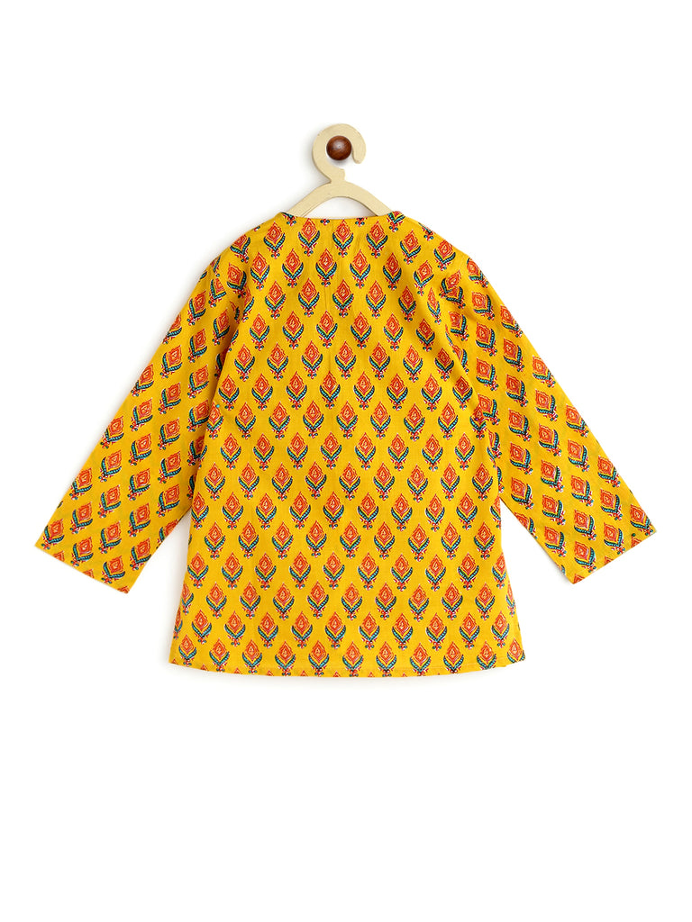 Yellow & Turquoise Bouquet Motif Cotton Kurta with Dhoti pants - Nimbu Kids