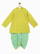 Lime Green & Turquoise Ikat Print Cotton Kurta with Dhoti pants - Nimbu Kids