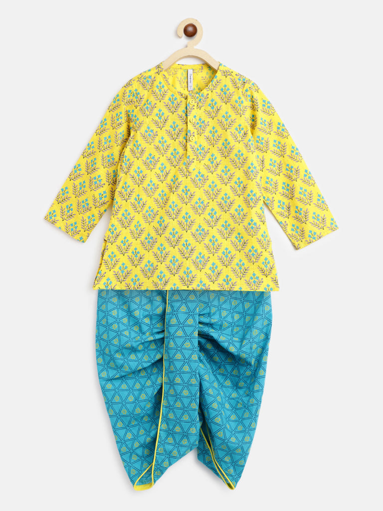 Sunny Yellow & Turquoise Floral Print Cotton Kurta with Dhoti pants - Nimbu Kids