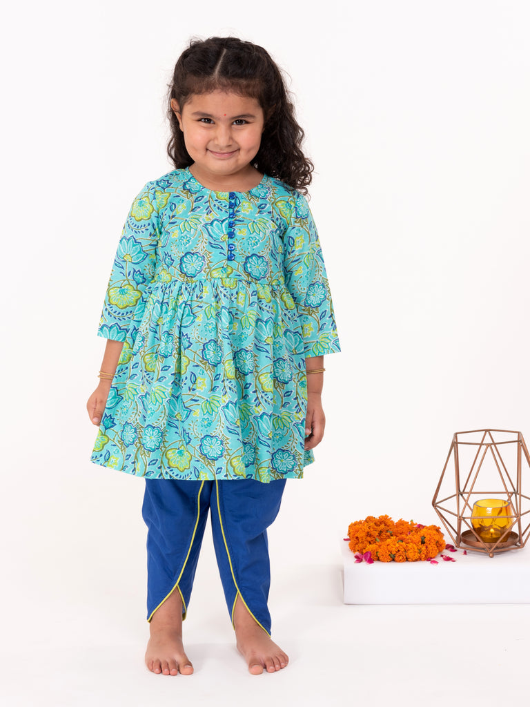 Floral Trellis Print Turquoise & Ink Blue Dhoti Set - Nimbu Kids