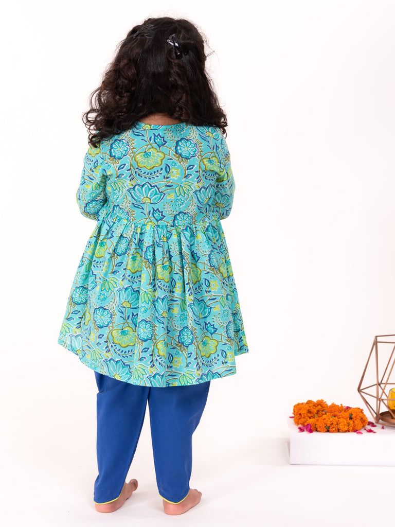 Floral Trellis Print Turquoise & Ink Blue Dhoti Set - Nimbu Kids