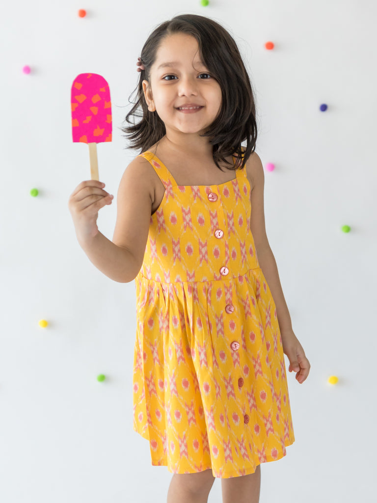 Bohemian Dress in Pastel Ikat Pink & Yellow - Nimbu Kids