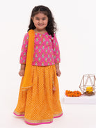 Floral Handblock Pink & Leheriya Mustard Lehenga Set - Nimbu Kids