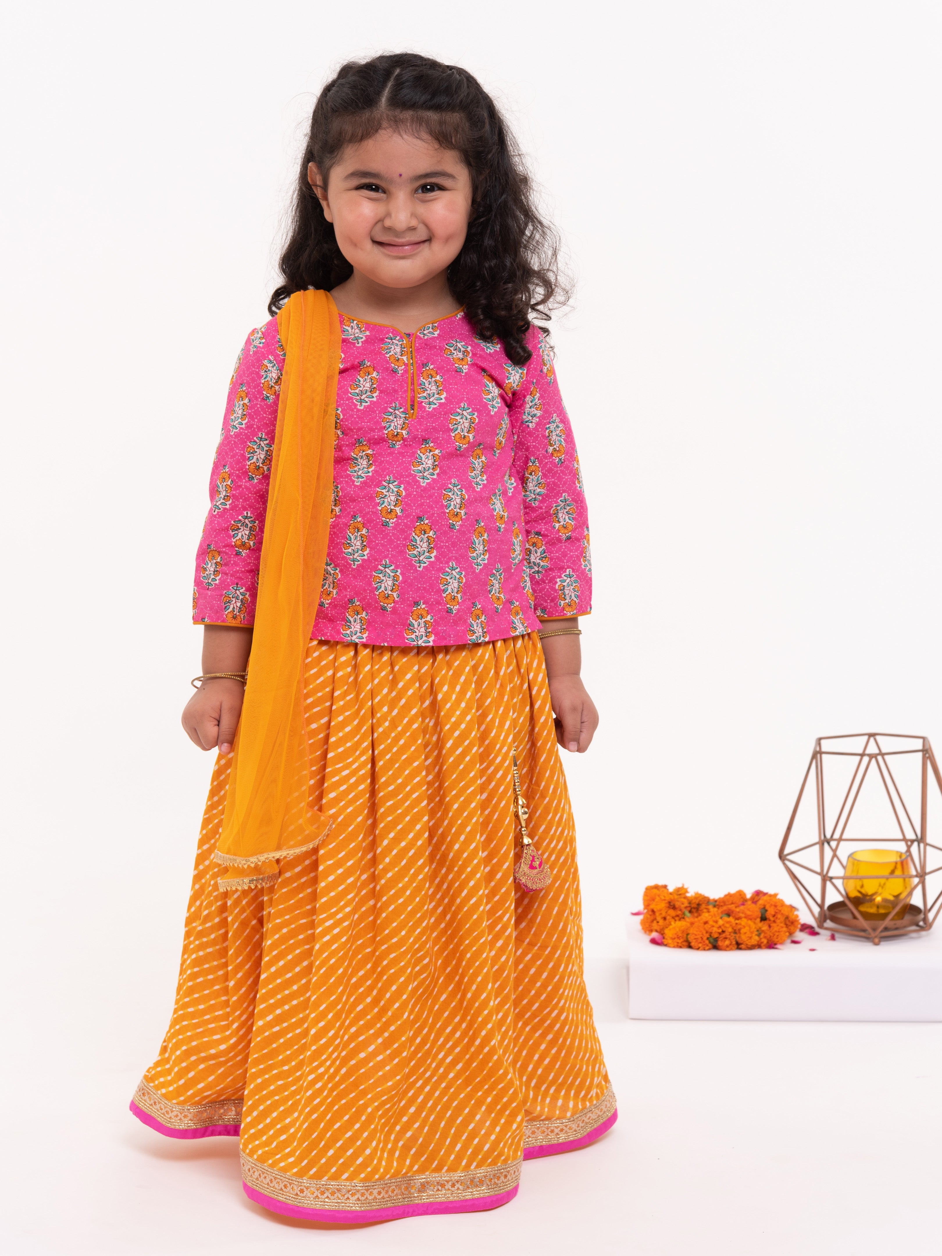 Floral Handblock Pink & Leheriya Mustard Lehenga Set - Nimbu Kids