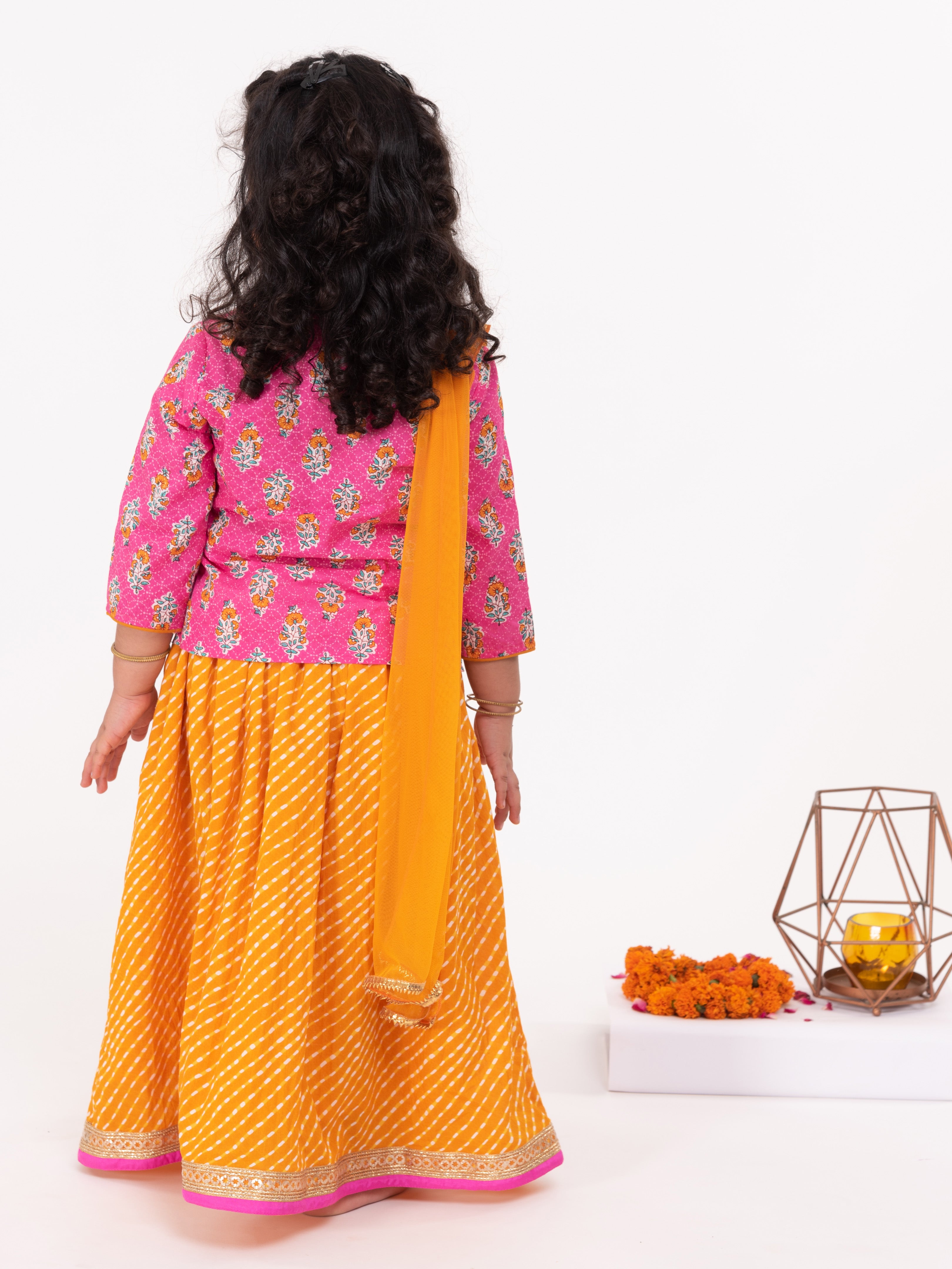 Floral Handblock Pink & Leheriya Mustard Lehenga Set - Nimbu Kids