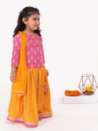 Floral Handblock Pink & Leheriya Mustard Lehenga Set - Nimbu Kids