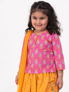 Floral Handblock Pink & Leheriya Mustard Lehenga Set - Nimbu Kids