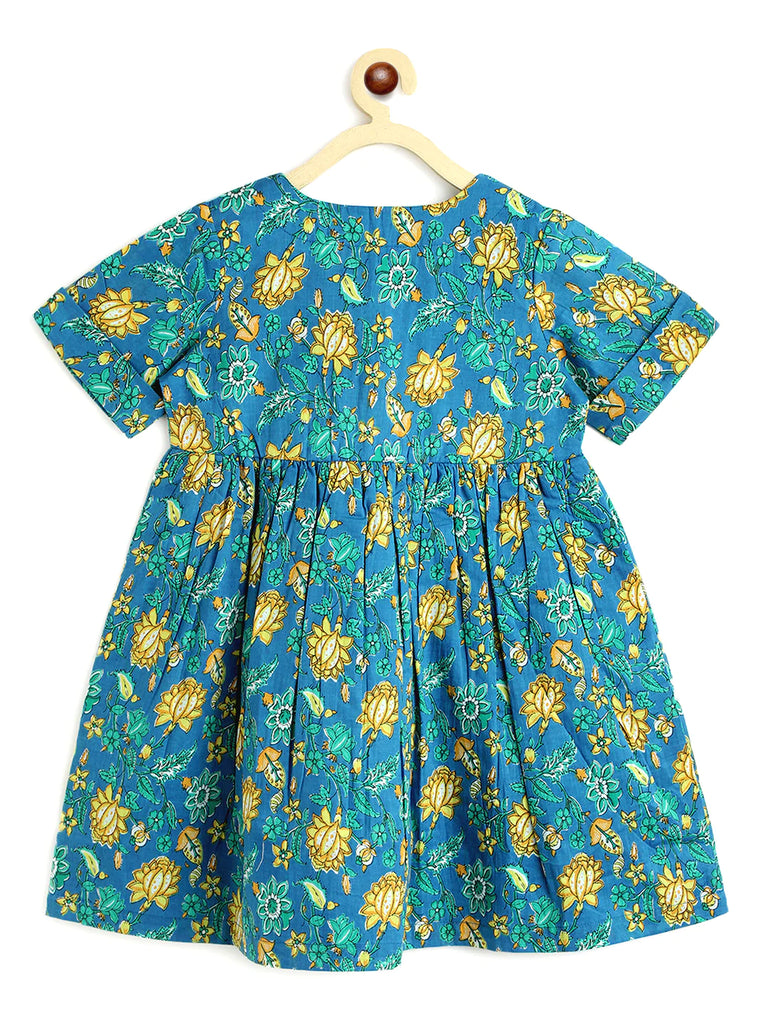 Flowy Frock Dress in Vine Print in Blue & Yellow - Nimbu Kids
