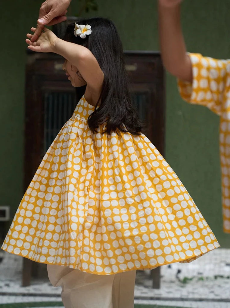 Pre-order - Set of 2- ‘Friendship’ girls kurta coord set in yellow polka hand block print and dhoti pant - Nimbu Kids