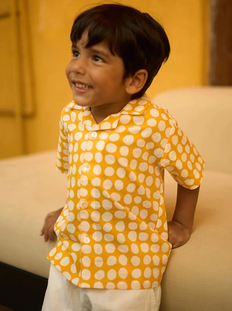 Pre-order - ‘Boogie Kids’ Half Sleeve Shirt in Yellow Polka Hand block print Cotton - Nimbu Kids
