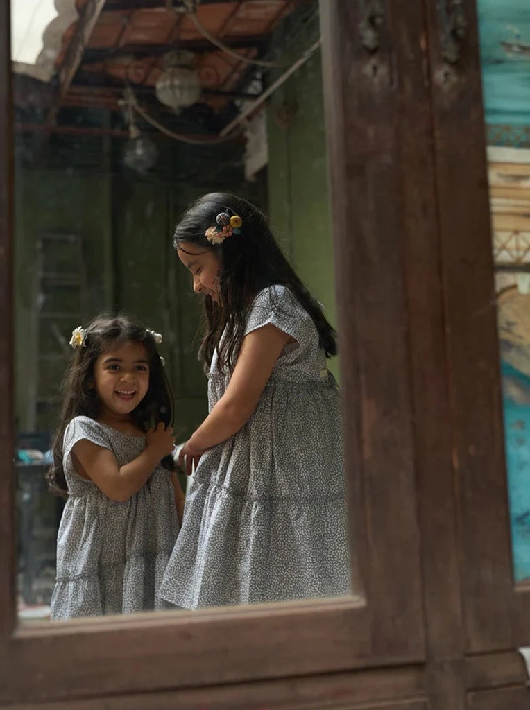 Pre-order - 'Twirl’ girls short sleeve tiered dress in grey hand block print cotton - Nimbu Kids