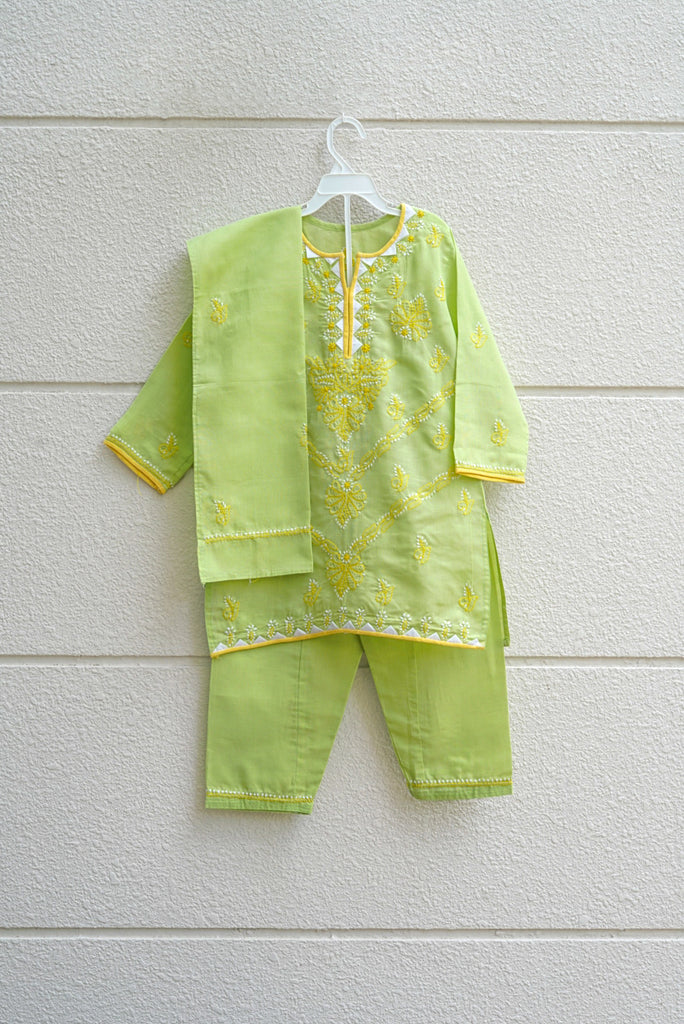 [6-8 yrs] Preloved Lucknawi Light Green Chikankari Salwar Suit Set - Nimbu Kids