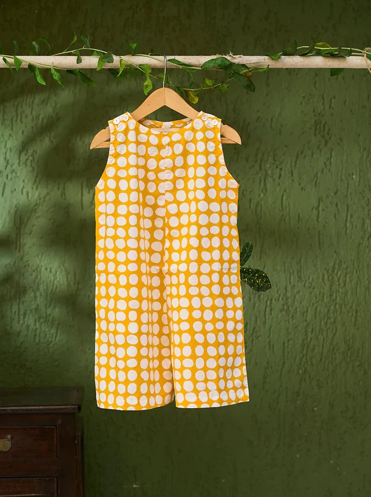 Pre-order - ‘Innocence' Unisex Jumpsuit in Yellow Polka Hand Block Print Cotton - Nimbu Kids