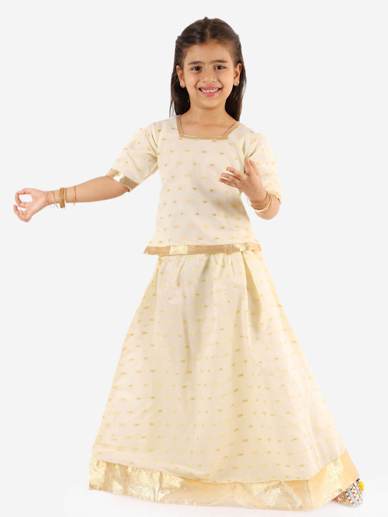 Gold Weave Jacquard Pattu Style Lehenga - Nimbu Kids