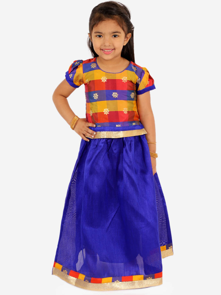 Gold Weave Jacquard Pattu Style Lehenga in Royal Blue - Nimbu Kids
