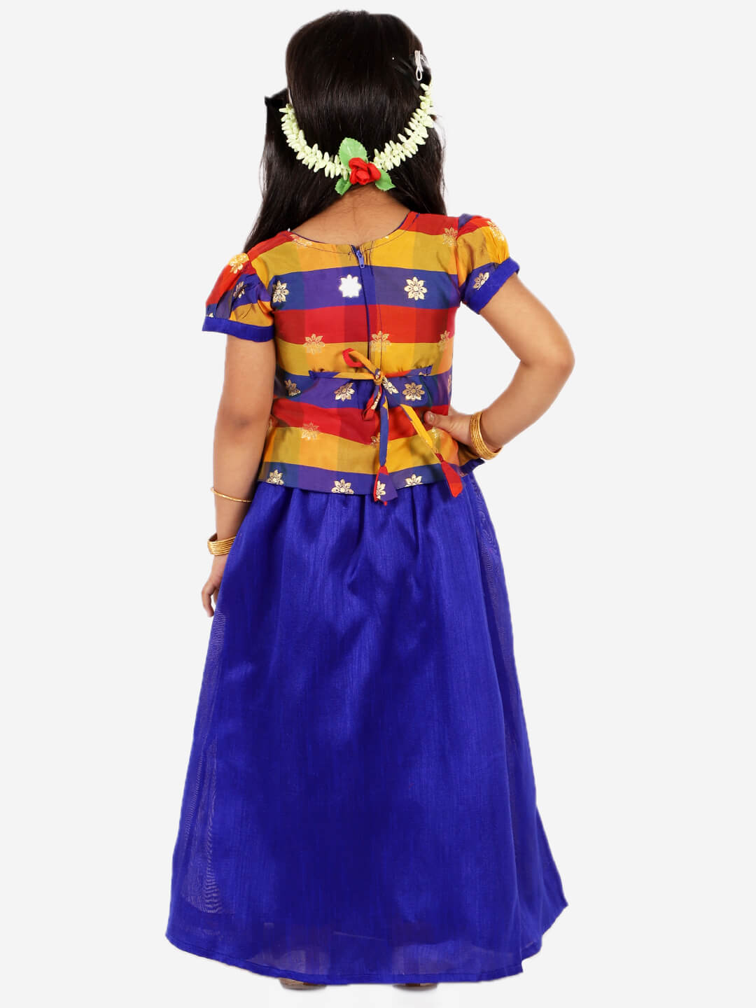 Gold Weave Jacquard Pattu Style Lehenga in Royal Blue - Nimbu Kids