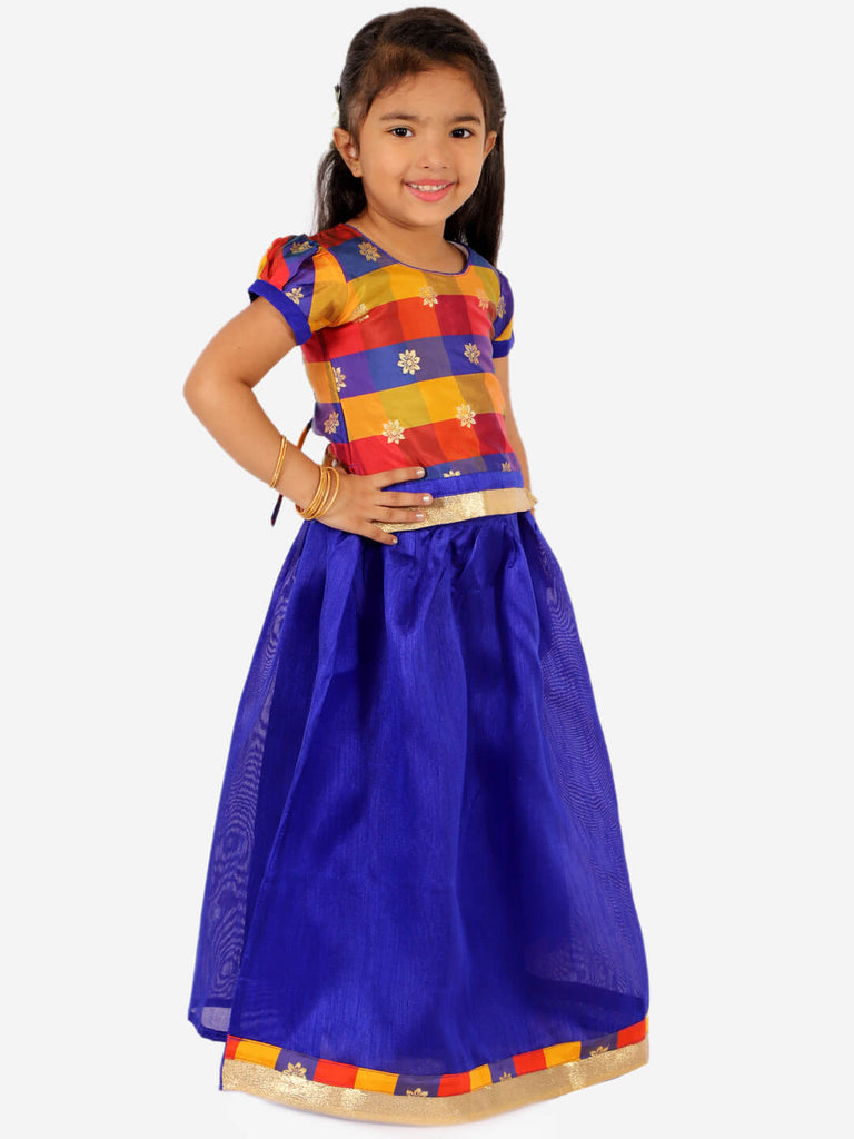 Gold Weave Jacquard Pattu Style Lehenga in Royal Blue - Nimbu Kids