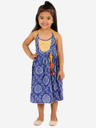 Tie-Dye Bandhani Cotton Frock in Blue & Yellow - Nimbu Kids