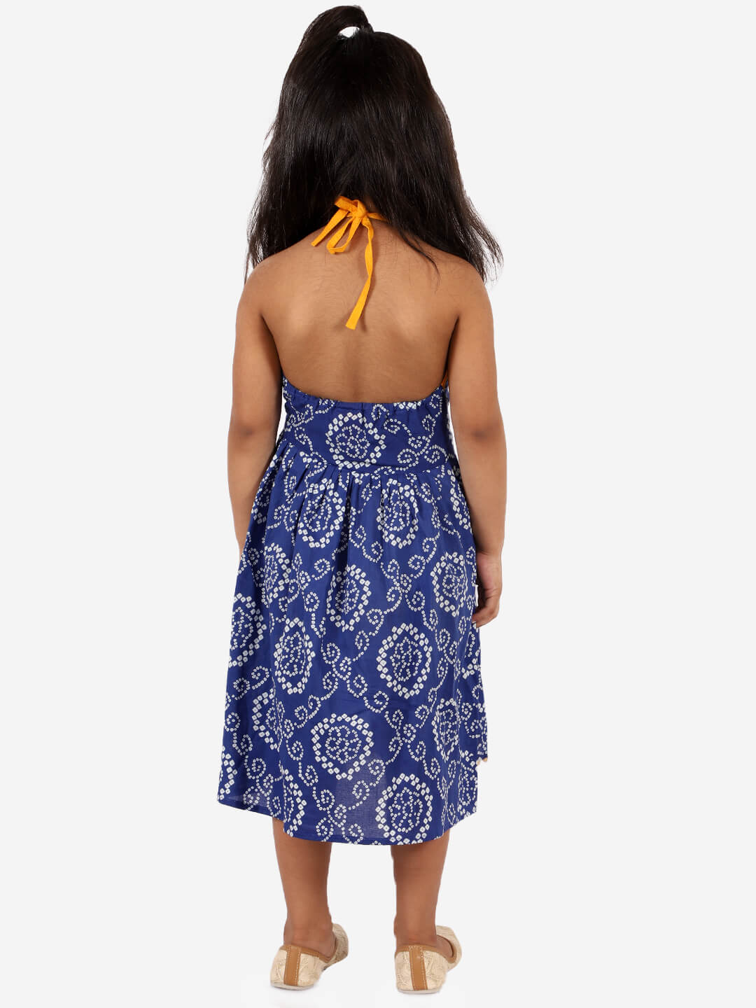 Tie-Dye Bandhani Cotton Frock in Blue & Yellow - Nimbu Kids