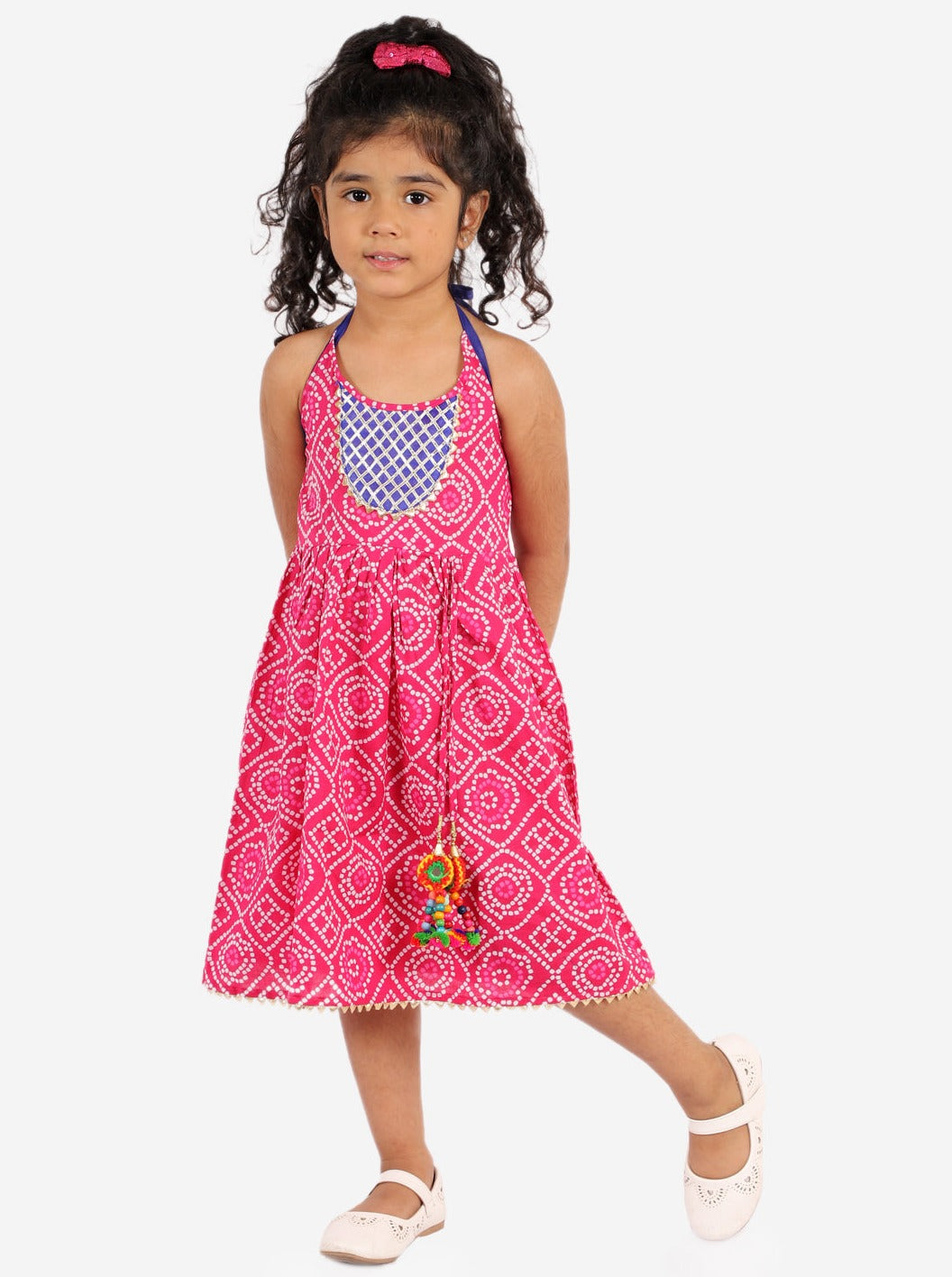 Tie-Dye Bandhani Cotton Frock in Pink & Blue - Nimbu Kids