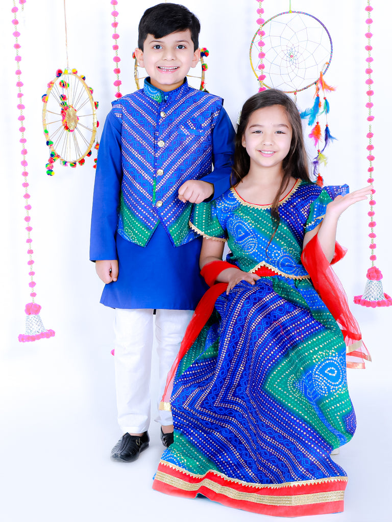 Neelam Silk Kurta Pajama with Bandhani Jacket - Nimbu Kids