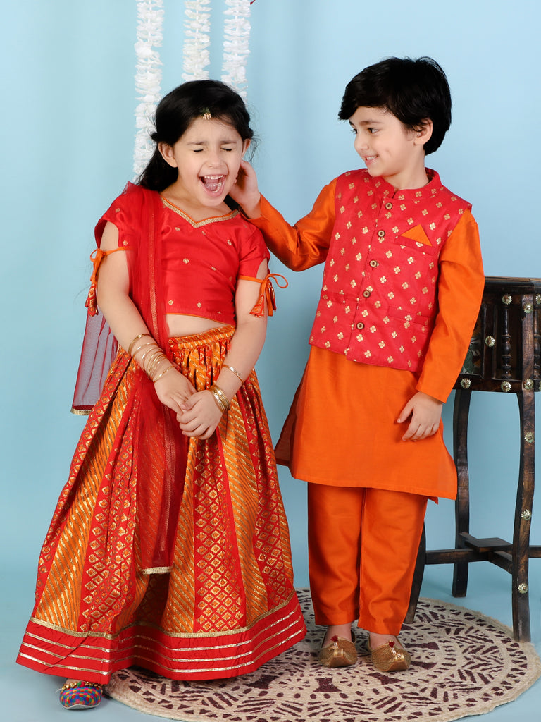 Dev Silk Kurta Pajama with Golden Zari Jacket - Nimbu Kids