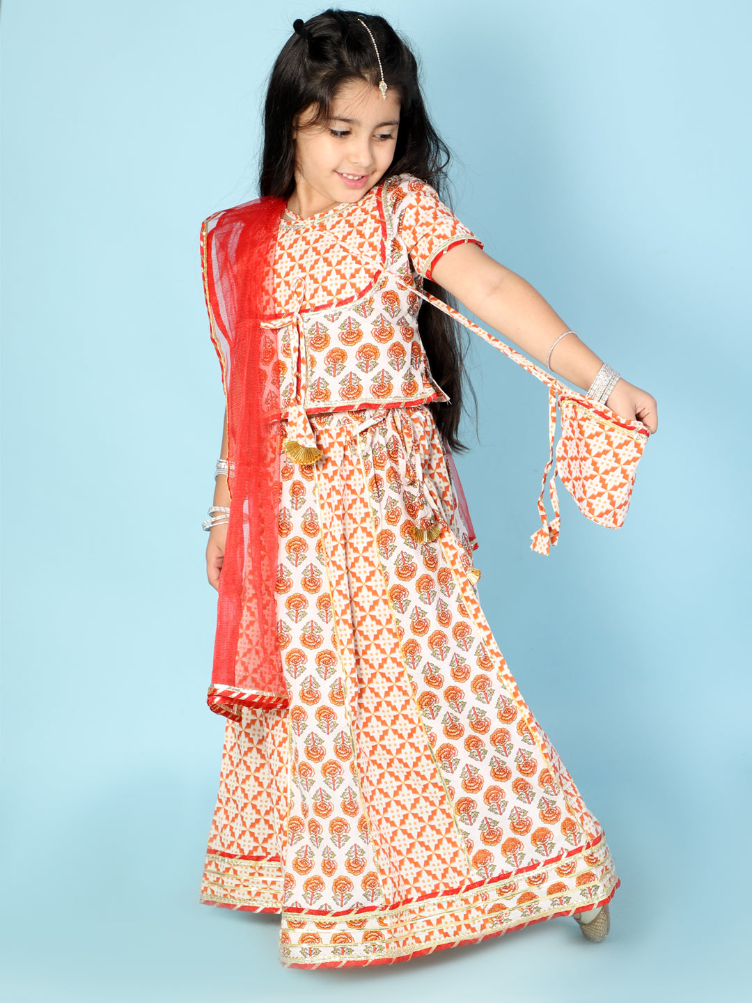 Kali White & Red Cotton Lehenga Set with Potli Bag - Nimbu Kids