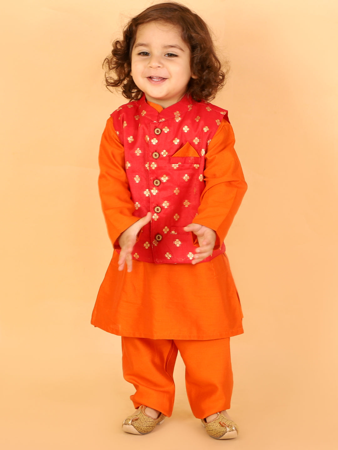 Dev Silk Kurta Pajama with Golden Zari Jacket - Nimbu Kids