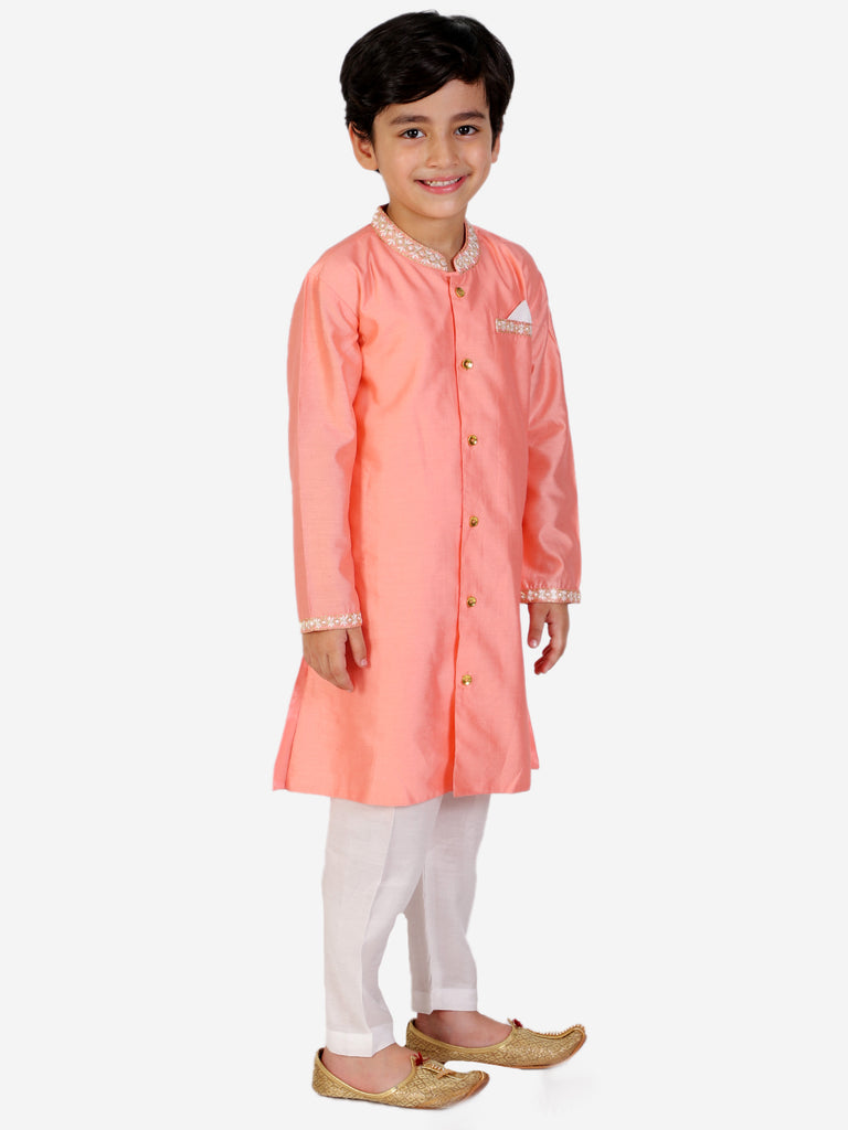 Coral Pink Silk Kurta Pajama - Nimbu Kids