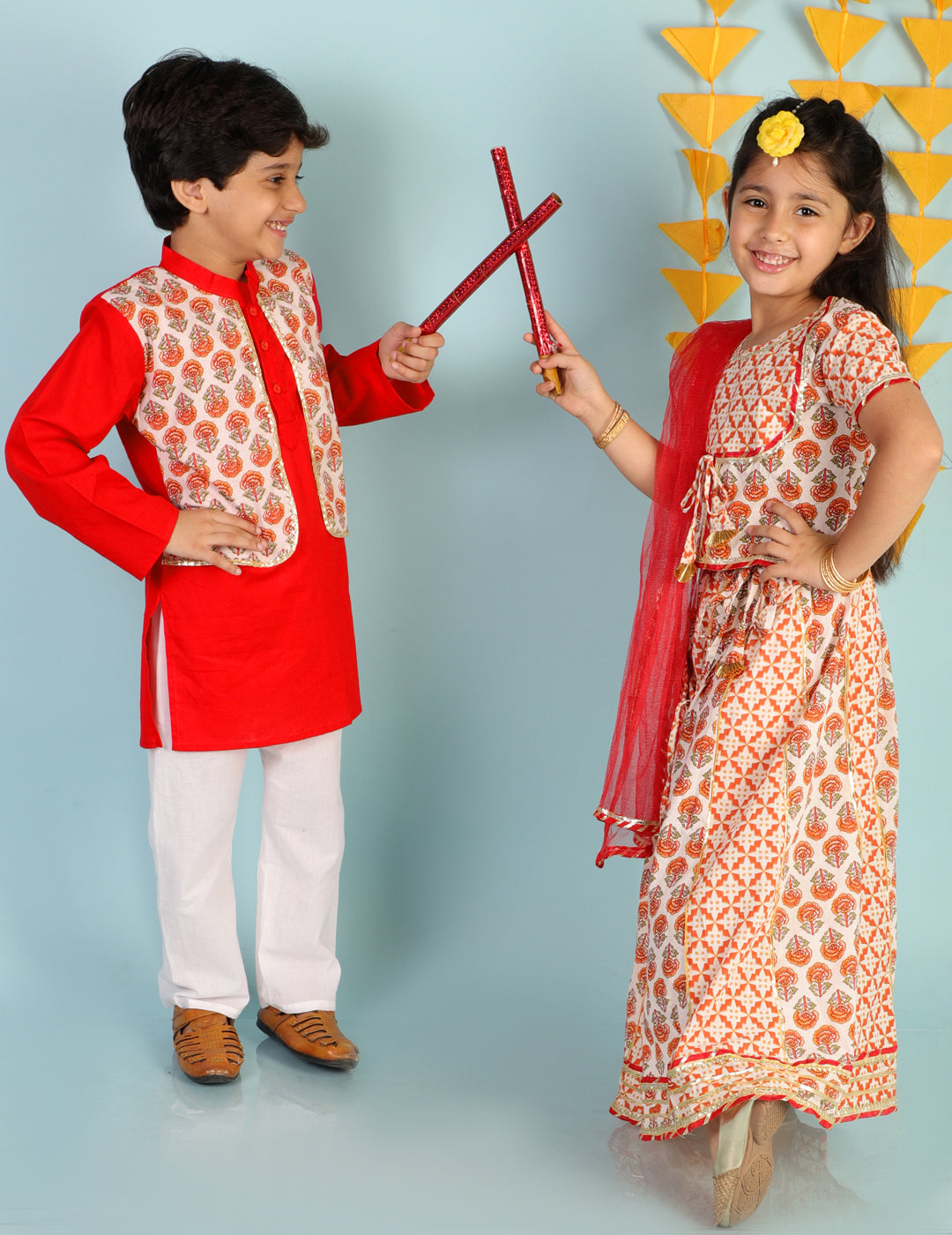 Kali White & Red Cotton Lehenga Set with Potli Bag - Nimbu Kids