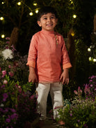 Coral Peach Kamal Unisex Handwoven Kurta in Silk - Nimbu Kids