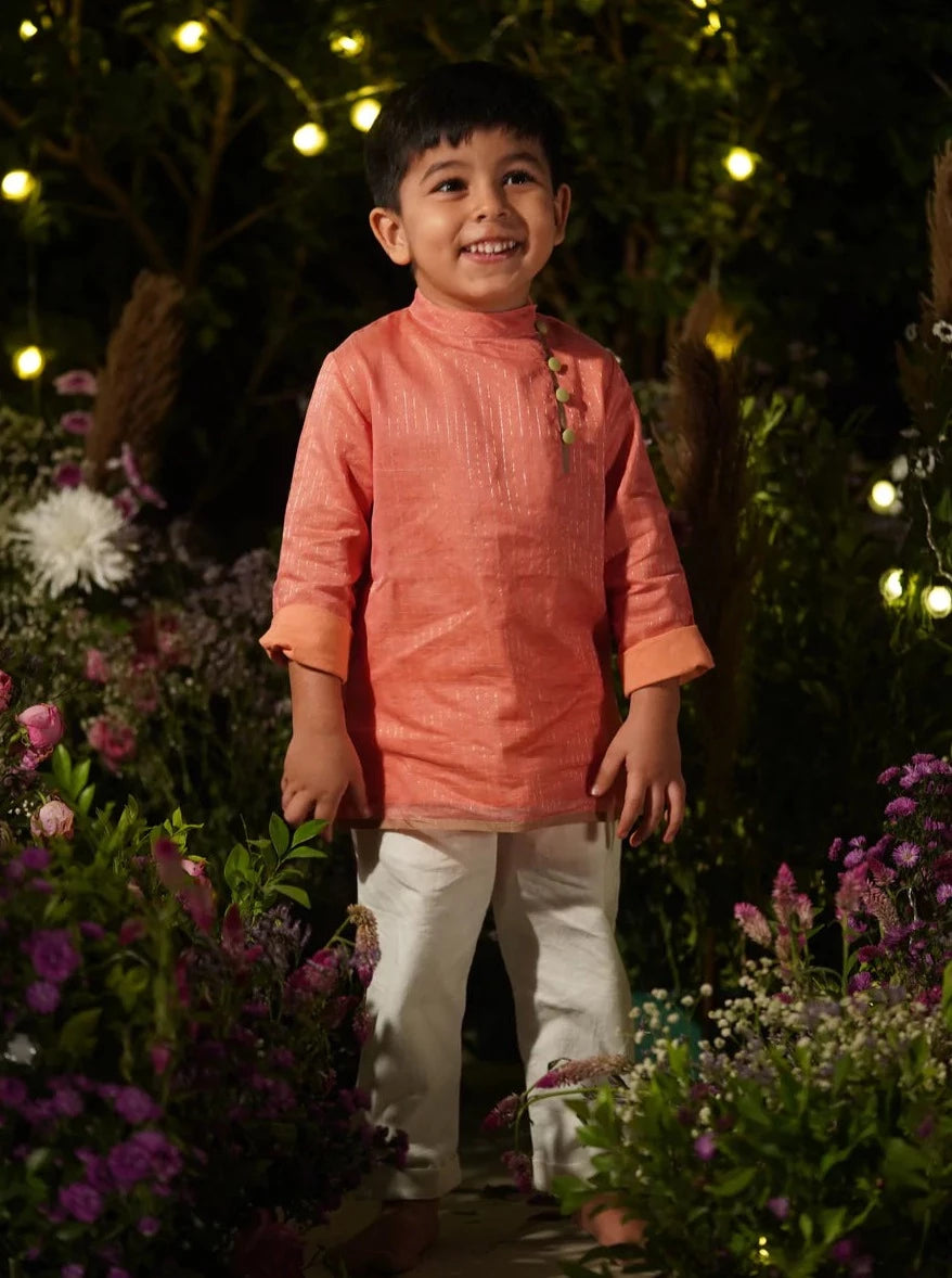 Coral Peach Kamal Unisex Handwoven Kurta in Silk - Nimbu Kids