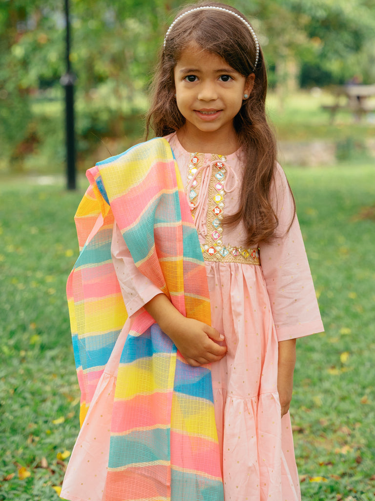Princess Pink Anarkali with Matching Salwar & Rainbow Dupatta - Nimbu Kids