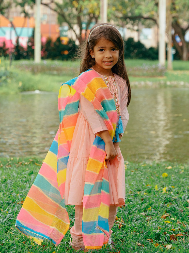 Princess Pink Anarkali with Matching Salwar & Rainbow Dupatta - Nimbu Kids