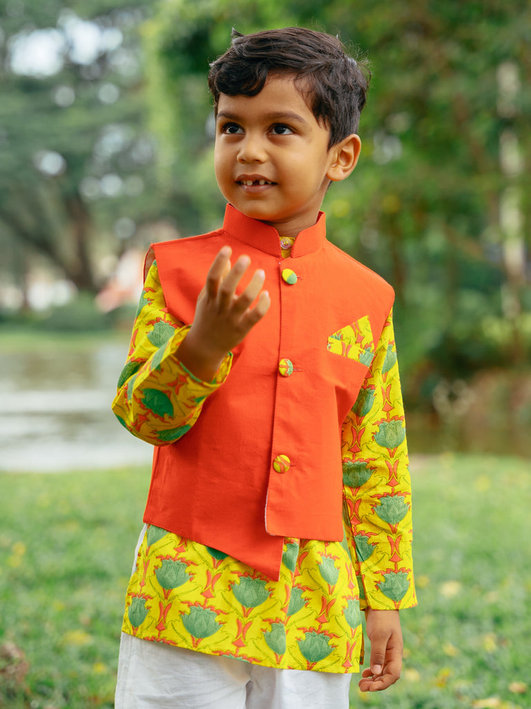 Yellow Floral Kurta & Asymmetric Red Jacket Set - Nimbu Kids