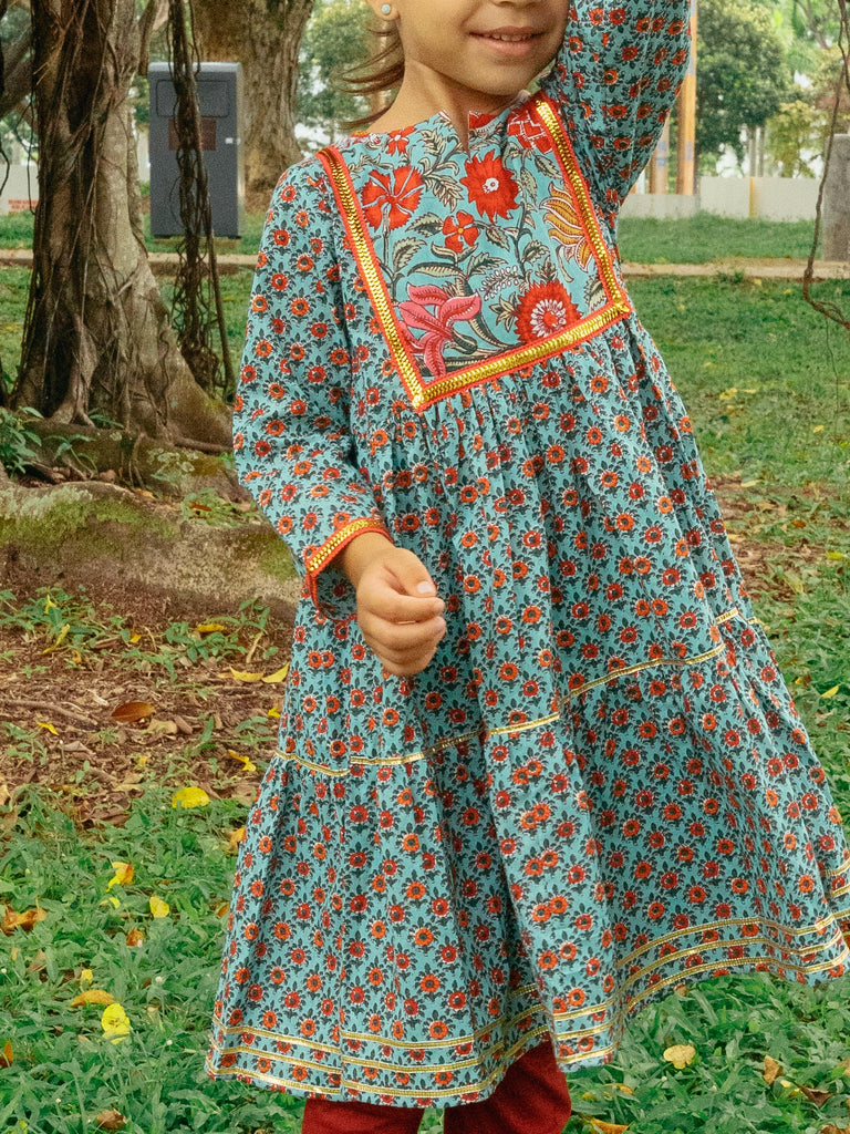 Girl-boss Blue Maroon Anarkali with Contrasting comfy leggings - Nimbu Kids