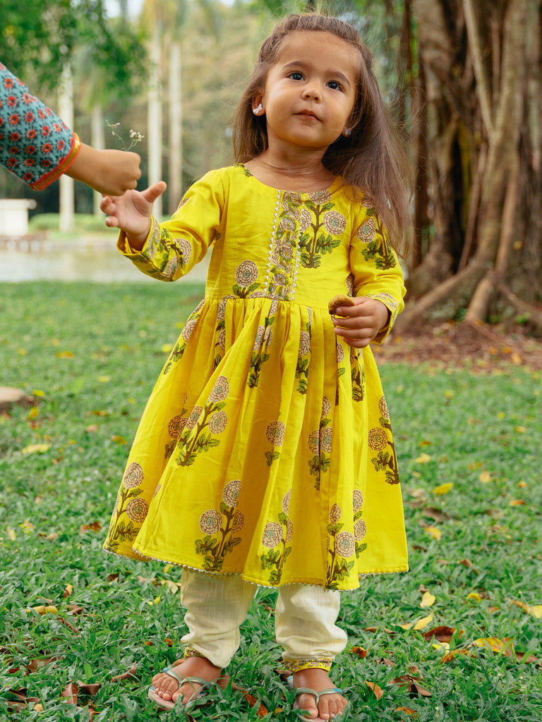 Yellow Floral Anarkali with Matching Salwar - Nimbu Kids