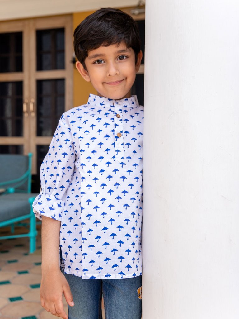 Blue Umbrella Organic Cotton Shirt Kurta with Roll-up Sleeves - Nimbu Kids