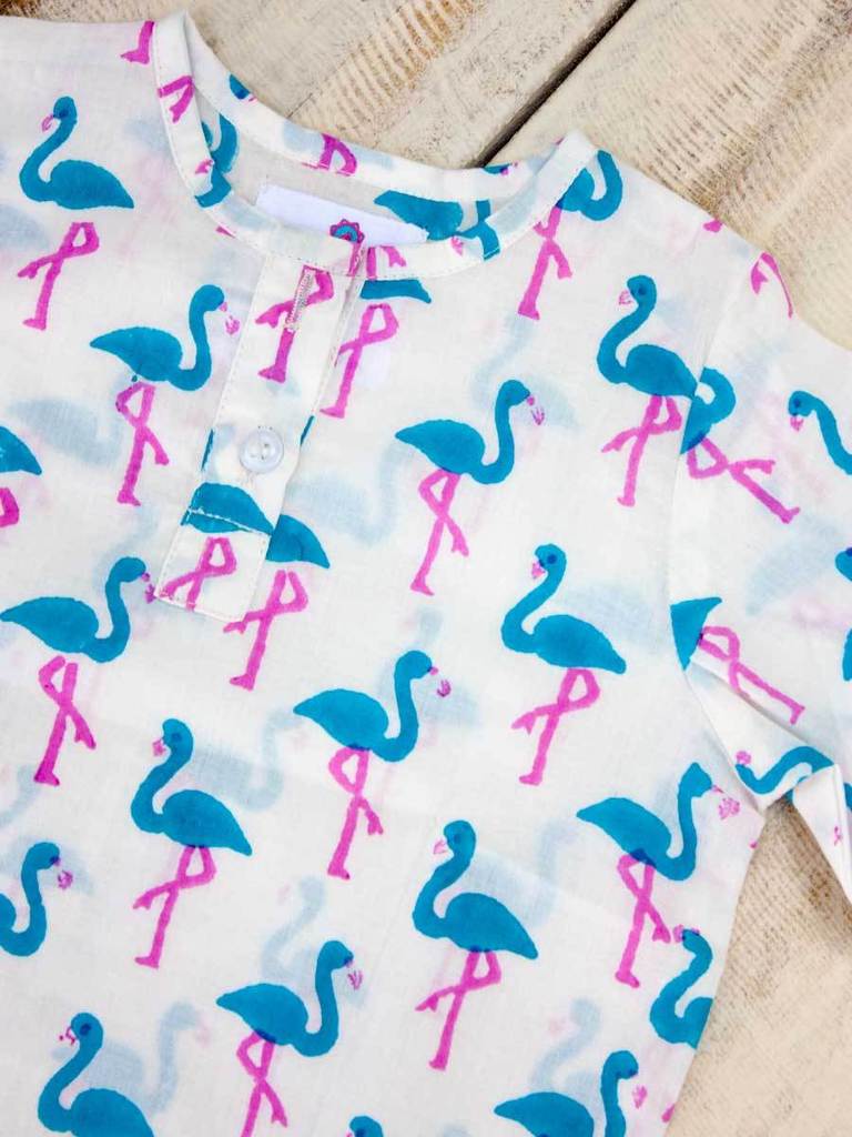 Blue & Pink Flamingo Organic Cotton Shirt Kurta - Nimbu Kids