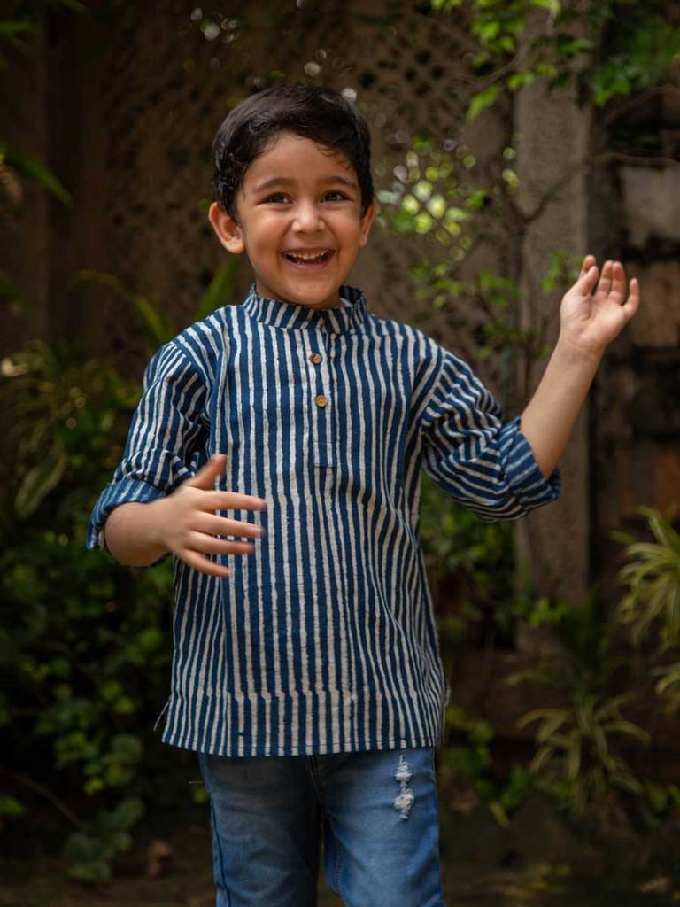 Indigo Stripes Organic Cotton Shirt Kurta with Roll-up Sleeves - Nimbu Kids