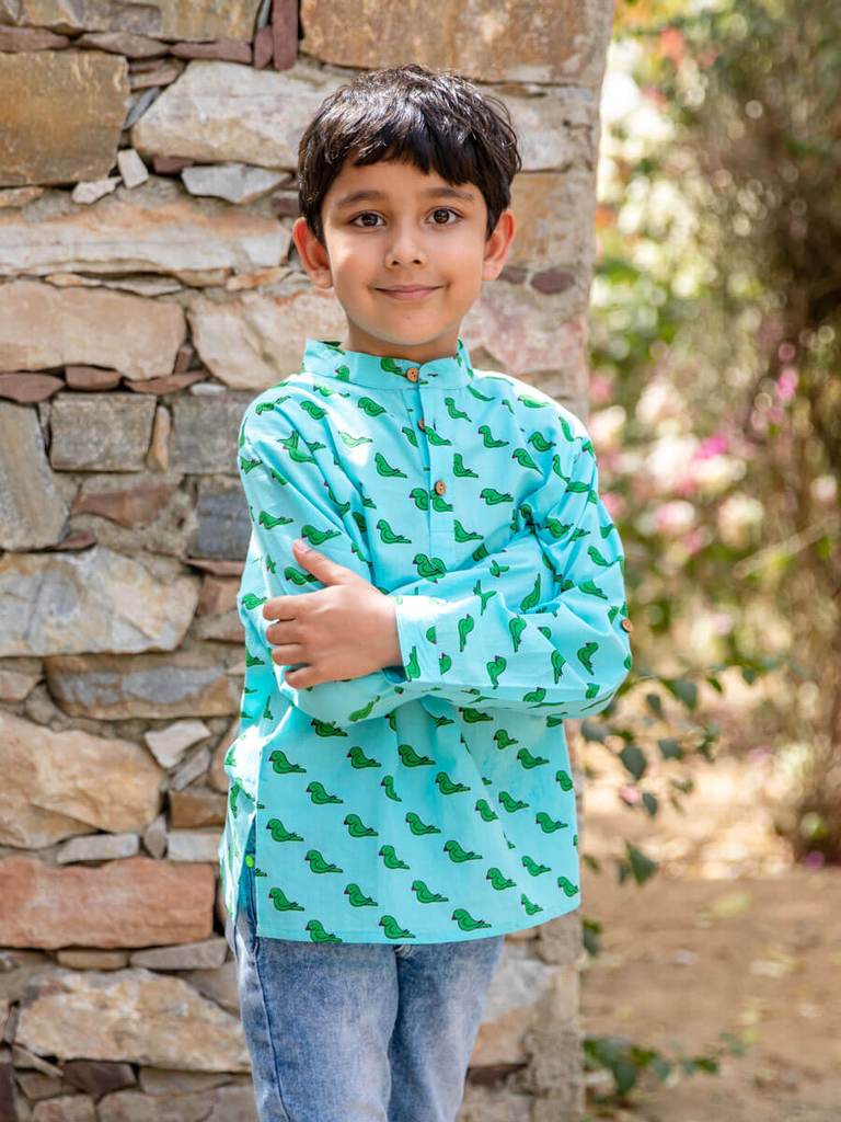 Parrot Organic Cotton Shirt Kurta with Roll-up Sleeves - Nimbu Kids